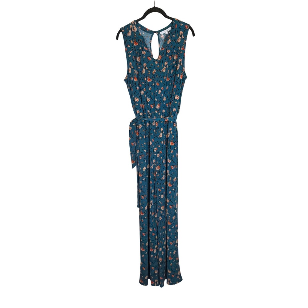 Baltic Born Teal Floral Sleeveless Wide Leg Jumpsuit Keyhole Back Size L Boho